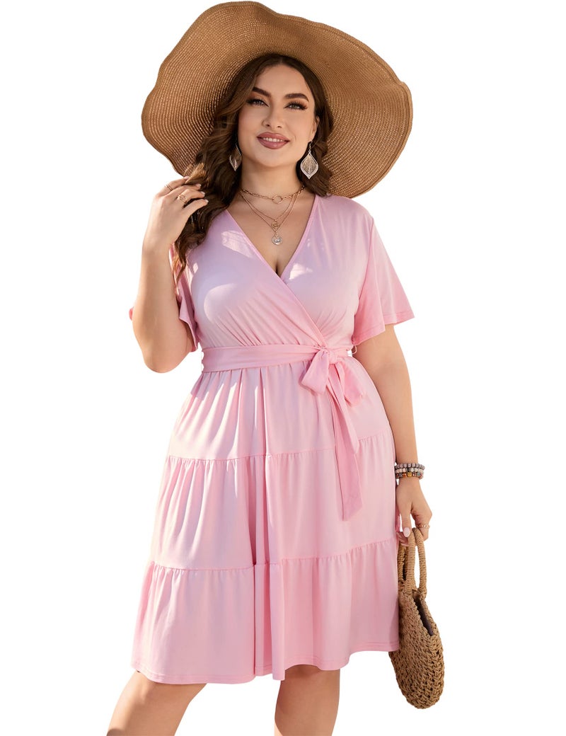 KOJOOIN Women Plus Size V Neck Wrap Dress High Waisted Short Sleeves Summer Casual Midi Dress with Belt Pink XL - Image 1