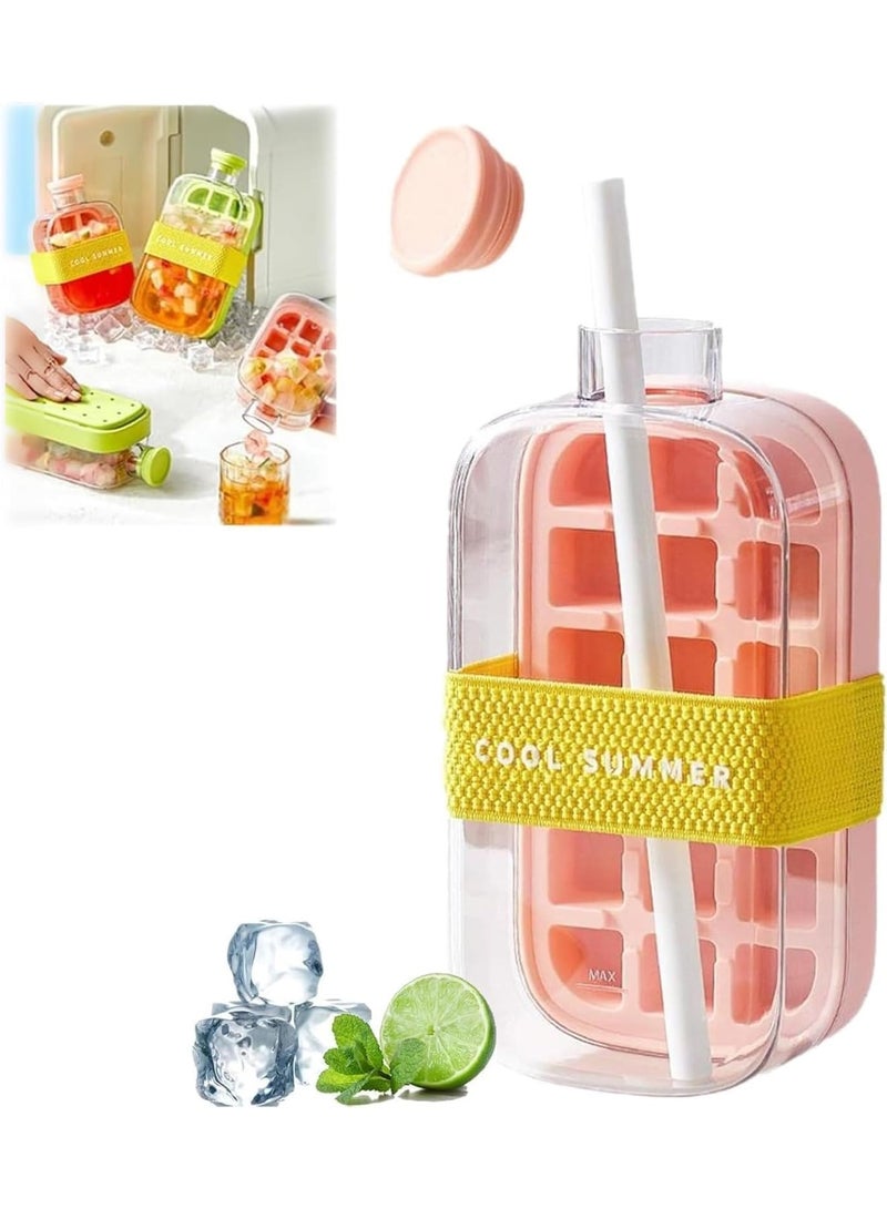 Ice Cube Bottle 800ml, 2 in 1, Touch-Free Ice Cube Tray Water Bottle with Lid and Bin, Flexible Silicone Ice Cube Molds with Straw, Reusable for Coffee, Juice, And Beverages - Image 1