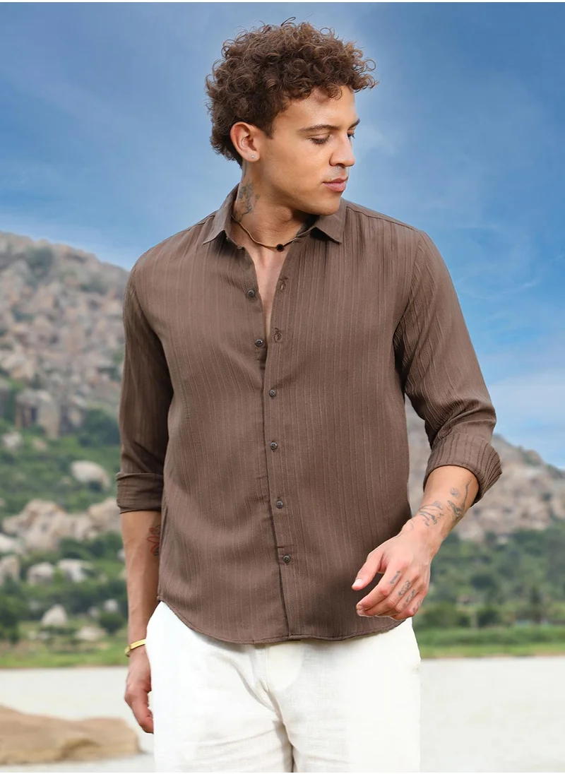 Campus Sutra Campus Sutra Men's Mocha Brown Self-Design Striped Shirt For Casual Wear | Spread Collar | Long Sleeve | Button Closure | Shirt Crafted With Comfort Fit For Everyday Wear
