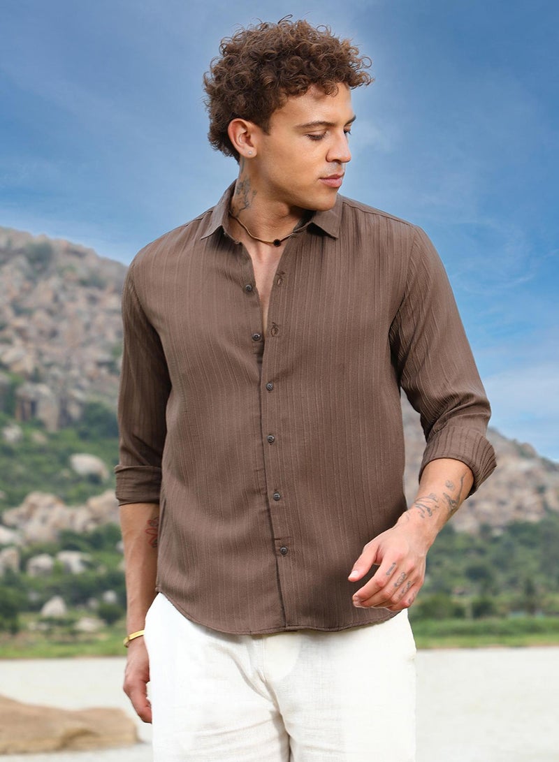 Campus Sutra Campus Sutra Men's Mocha Brown Self-Design Striped Shirt For Casual Wear | Spread Collar | Long Sleeve | Button Closure | Shirt Crafted With Comfort Fit For Everyday Wear - Image 2