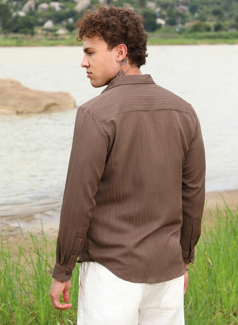 Campus Sutra Campus Sutra Men's Mocha Brown Self-Design Striped Shirt For Casual Wear | Spread Collar | Long Sleeve | Button Closure | Shirt Crafted With Comfort Fit For Everyday Wear - Image 5