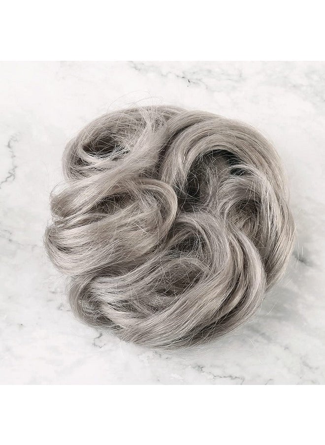 Bella Hair - 100% Real Human Hair Piece Messy Hair Bun Scrunchie For Women Wavy Curly Updo Hairpiece (Silver Gray) - Image 1