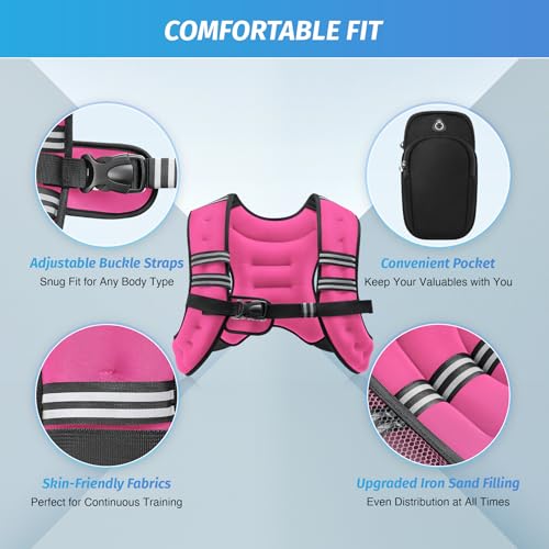 ZELUS Weighted Vest, 6lb/8lb/12lb/16lb/20lb/25lb/30lb Weight Vest with Reflective Stripe for Workout, Strength Training, Running, Fitness, Muscle Building, Weight Loss, Weightlifting, Pink(8 lb) - Image 2