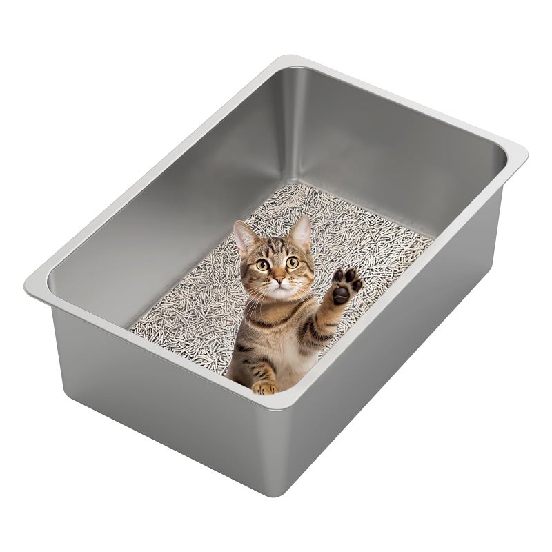 Kirecoo Stainless Steel Cat Litter Box XXL- Metal High Sided Cat Pan, Large Stainless Steel Box, Indoor Litter Tray, Non Stick, No Smell, Easy to Clean, Pet Toilet Supplies for Kitten, Kitty, Rabbit - Image 1