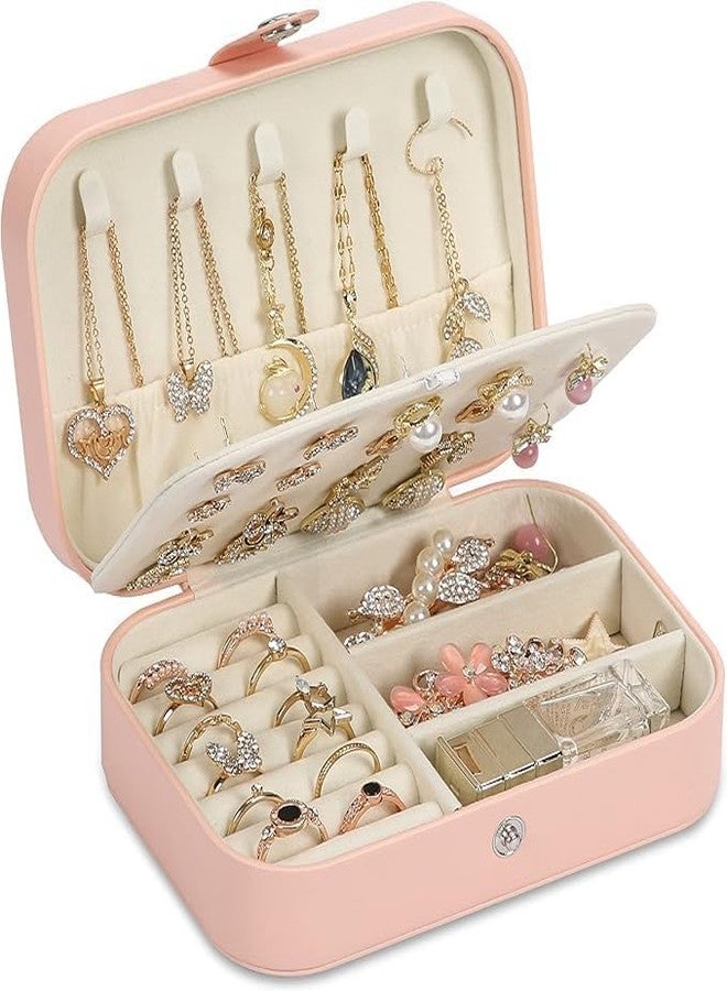 Kiesh Leather Mini Jewelry Travel Case, Small Travel Jewelry Organizer, Safety Lock Jewelry Portable Jewelry Box Travel Mini Storage Organizer Display Storage Box For Rings Earrings (Baby Pink) - Image 3