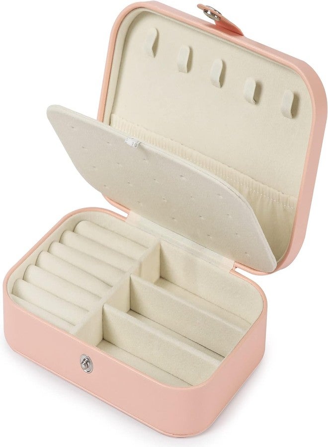 Kiesh Leather Mini Jewelry Travel Case, Small Travel Jewelry Organizer, Safety Lock Jewelry Portable Jewelry Box Travel Mini Storage Organizer Display Storage Box For Rings Earrings (Baby Pink) - Image 1