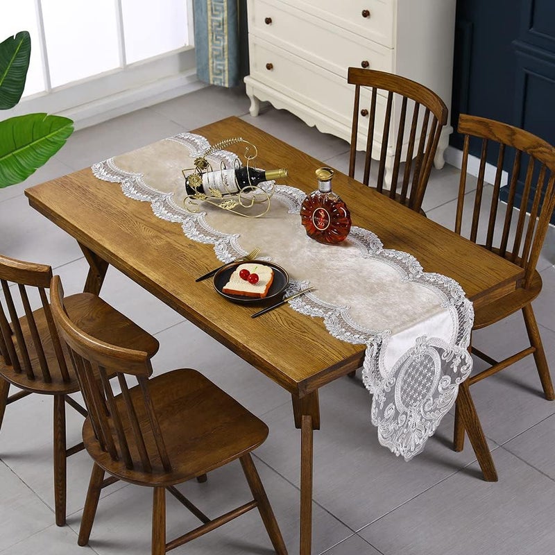 USTIDE Lace Table Runner Elegant Velvet Table Runner with White Embroidered Lace 48 Inch Coffee Table Runner for Summer Wedding Dining Table Dresser Machine Washable 16x48 Inch Light Coffee - Image 4
