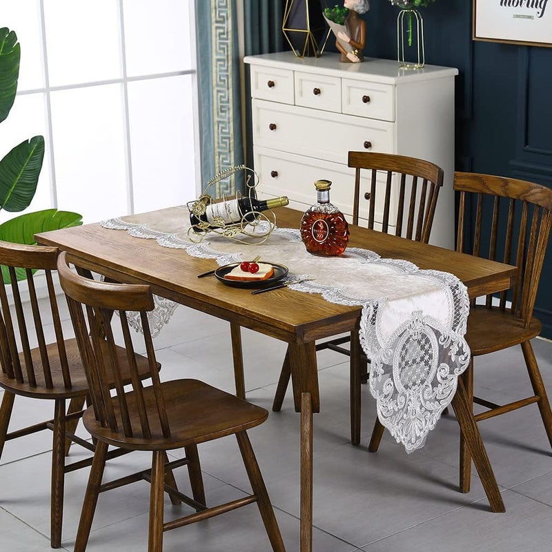 USTIDE Lace Table Runner Elegant Velvet Table Runner with White Embroidered Lace 48 Inch Coffee Table Runner for Summer Wedding Dining Table Dresser Machine Washable 16x48 Inch Light Coffee - Image 3