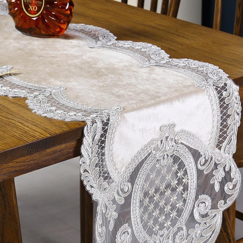 USTIDE Lace Table Runner Elegant Velvet Table Runner with White Embroidered Lace 48 Inch Coffee Table Runner for Summer Wedding Dining Table Dresser Machine Washable 16x48 Inch Light Coffee - Image 2