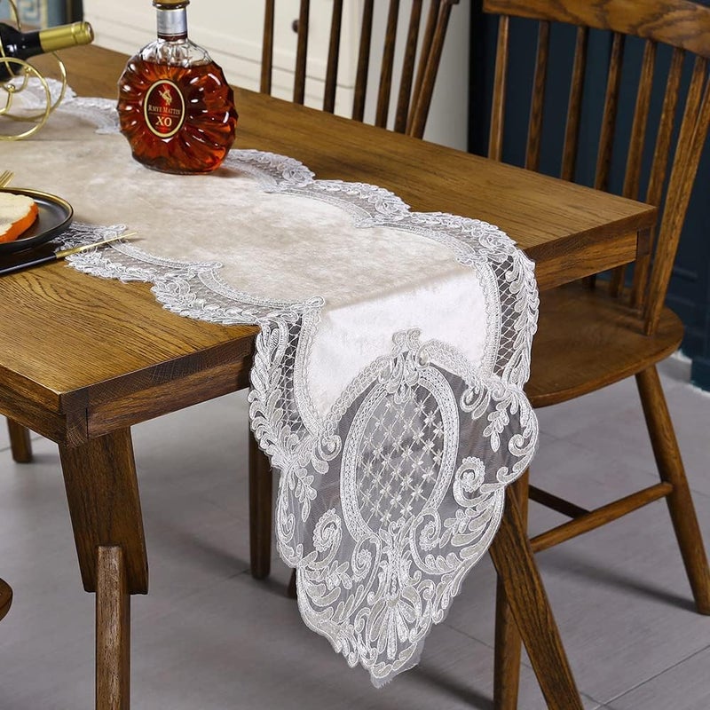 USTIDE Lace Table Runner Elegant Velvet Table Runner with White Embroidered Lace 48 Inch Coffee Table Runner for Summer Wedding Dining Table Dresser Machine Washable 16x48 Inch Light Coffee - Image 1