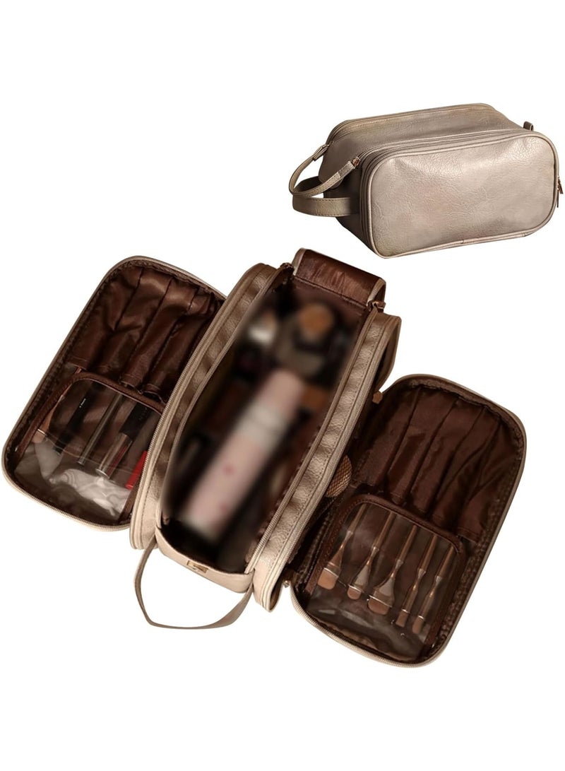 SOLARAE حقيبة مكياج سفر بسعة كبيرة، حقيبة مستحضرات تجميل محمولة، منظم حقيبة مكياج مع فواصل ومقبض، حقيبة للعناية بالبشرة من الجلد المقاوم للماء للنساء، حقيبة تخزين مكياج للاستخدام اليومي - Image 1