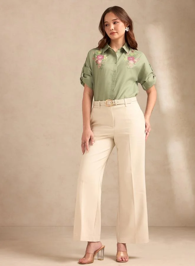 Outzidr Embroidered Sage Green Long Sleeve Shirt
