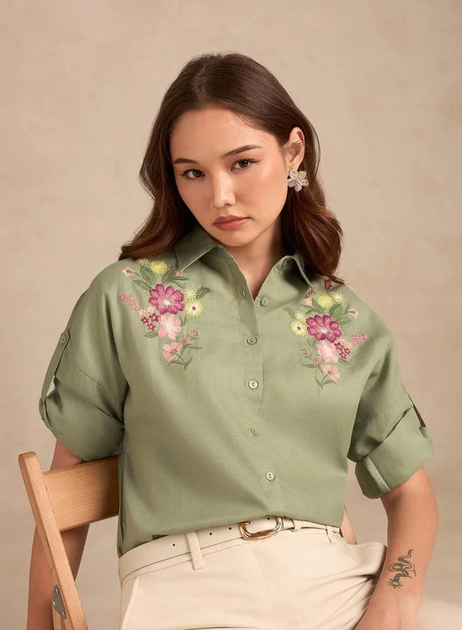 Outzidr Embroidered Sage Green Long Sleeve Shirt