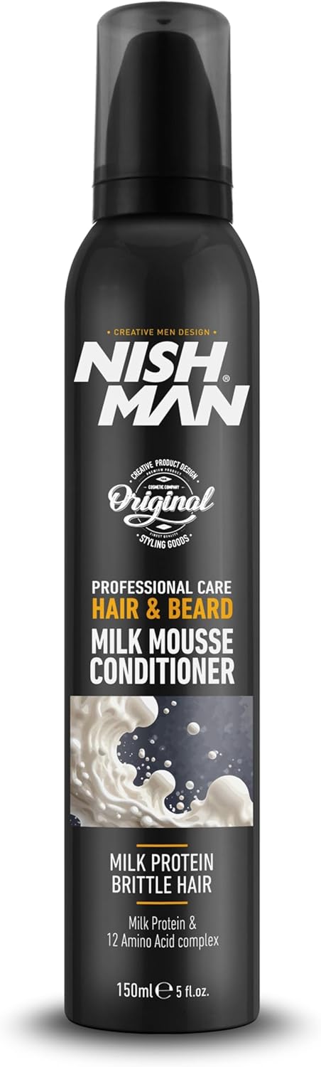 NISHMAN Hair Beard Milk Mousse Conditioner 200ml LeaveIn Treatment for Dry Brittle Hair with Milk Protein 12 Amino Acids Lightweight Repairing Mousse for Men