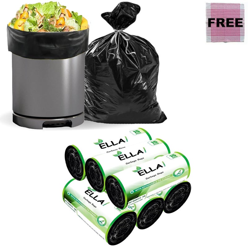 Ella Garbage Bags 24 x 32 Inches Large 90 Bags 6 Rolls Black Color With Check Duster Cloth Free - Image 1
