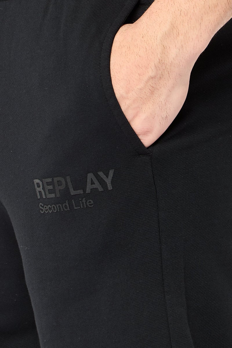Replay Men Drawstring Brand Logo Basic Shorts, Black - Image 3
