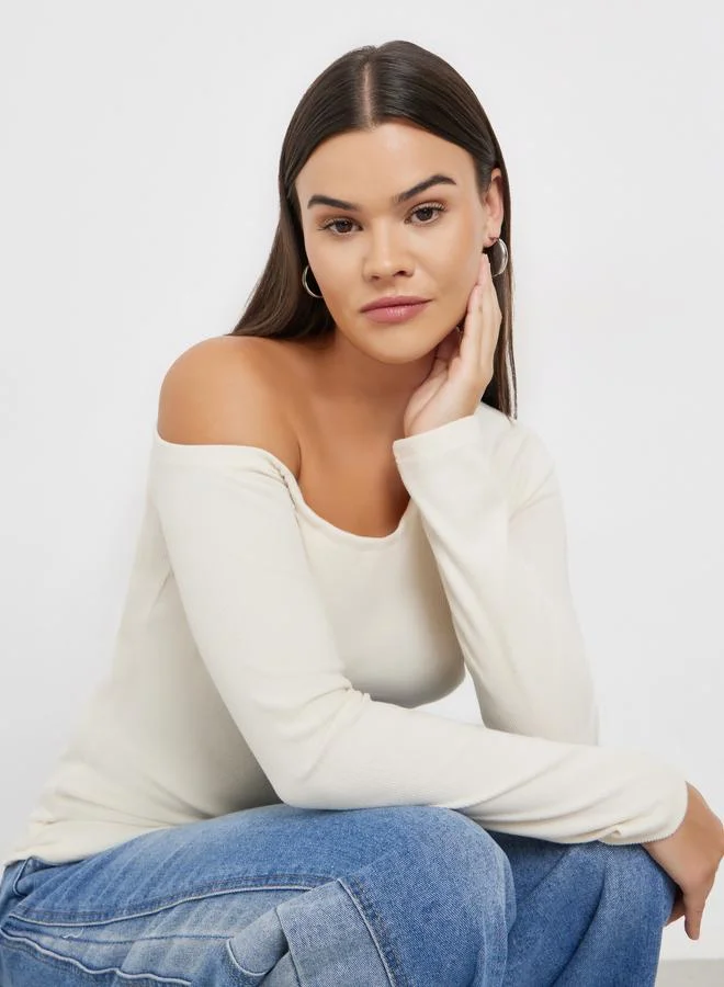 Styli Cream Asymmetric Neck Knit Top