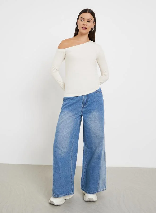 Styli Cream Asymmetric Neck Knit Top