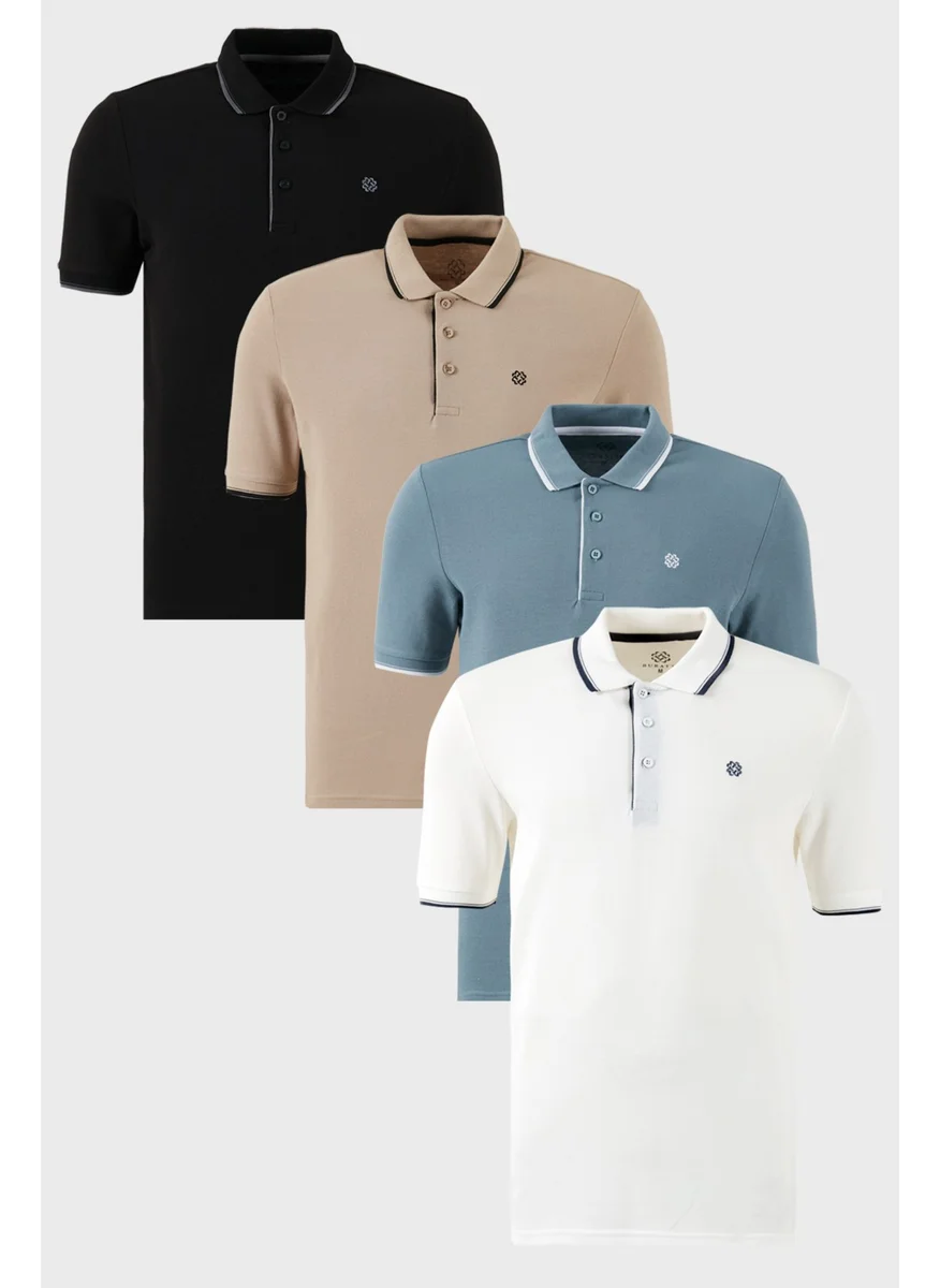 بوراتي Cotton Slim Fit Stripe Detailed Buttoned Polo Collar 4-Pack T Shirt Men's T Shirt 5902118S4