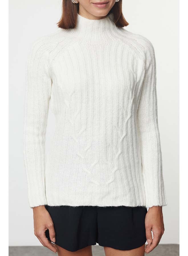 trendyol Ecru Soft Texture Knit Detailed Stand Collar Seamless Knitwear Sweater TWOAW25KZ00049 - Image 3