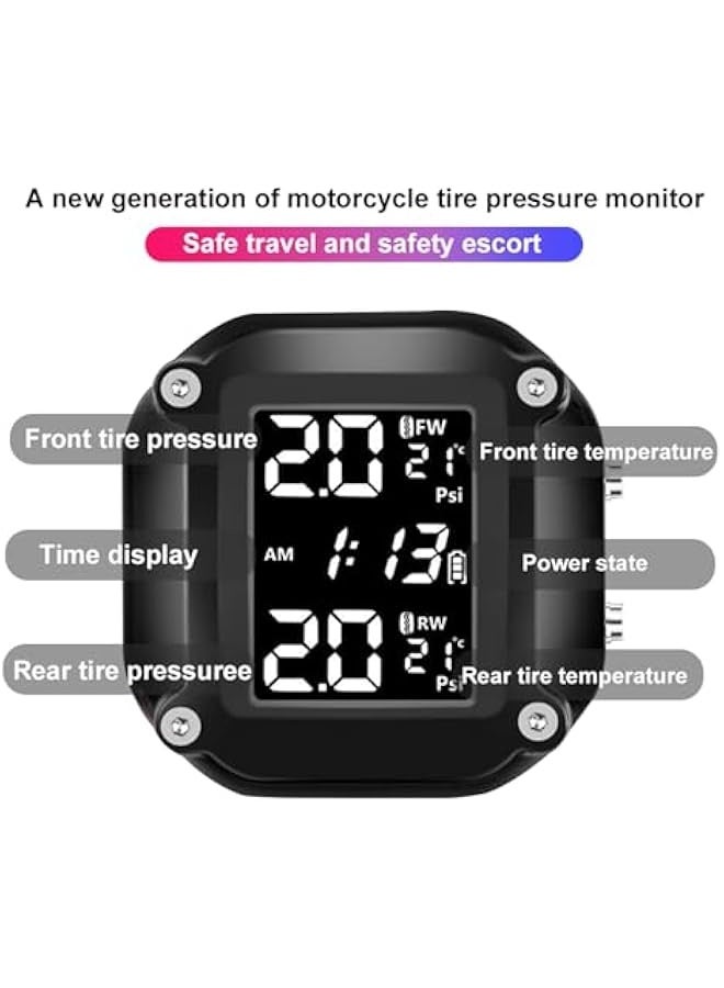 Motorcycle TPMS Tire Pressure Monitoring System, IP67 Waterproof Dustproof Wireless Tire Pressure Monitoring System With 2 External Sensors LCD Display Motorbike Tyre Temperature Alarm - Image 4