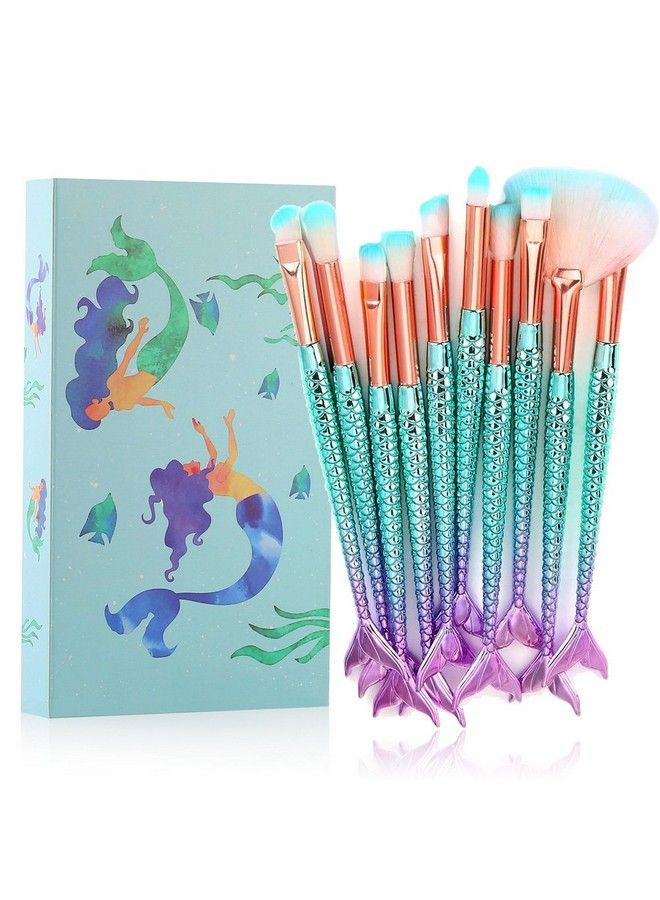 Tenmon 10 Pcs Mermaid Makeup Brush Set With Gift Box Professional Eye Makeup Brushes For Eyeshadow Concealer Eyeliner Brow Blending Brush Tool - Image 2