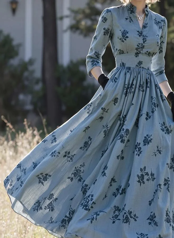 Take Two Teal Floral Maxi Dress With 3/4 Sleeves