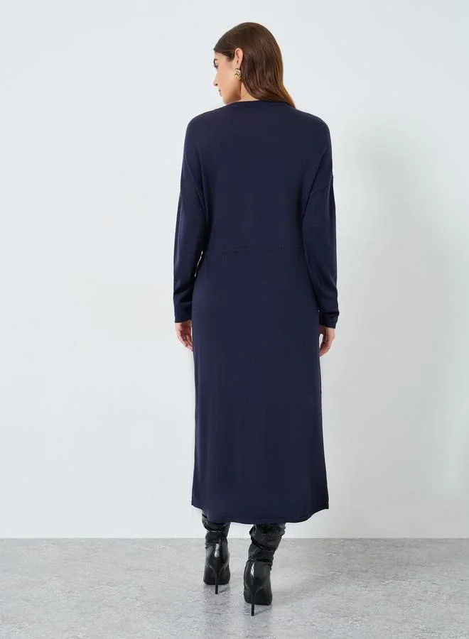 Take Two Solid Belted Round Neck Knitted Midi Dress