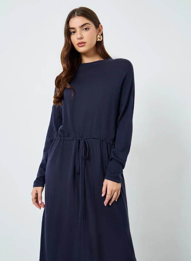 Take Two Solid Belted Round Neck Knitted Midi Dress