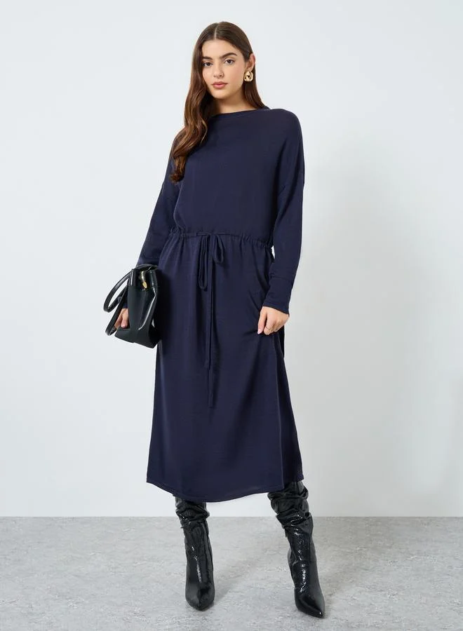 Take Two Solid Belted Round Neck Knitted Midi Dress