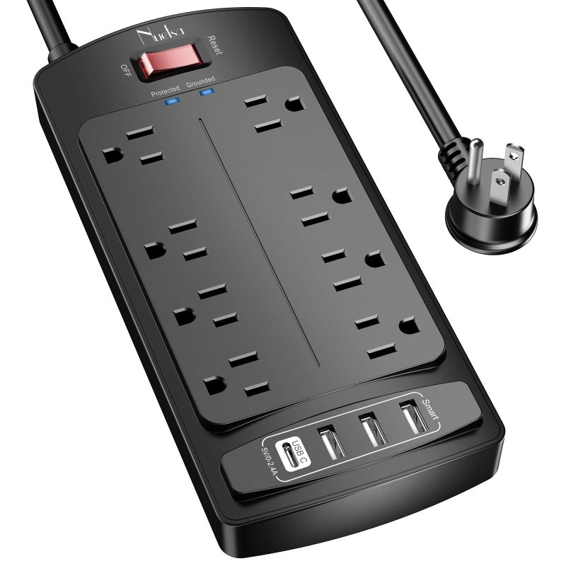 Nuetsa Surge Protector Power Strip - Nuetsa Flat Plug Extension Cord with 8 Outlets and 4 USB Ports, 6 Feet Power Cord (1625W/13A), 2700 Joules, ETL Listed, Black - Image 1