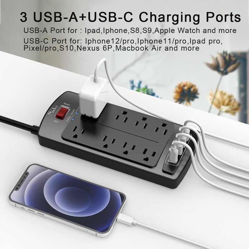 Nuetsa Surge Protector Power Strip - Nuetsa Flat Plug Extension Cord with 8 Outlets and 4 USB Ports, 6 Feet Power Cord (1625W/13A), 2700 Joules, ETL Listed, Black - Image 4