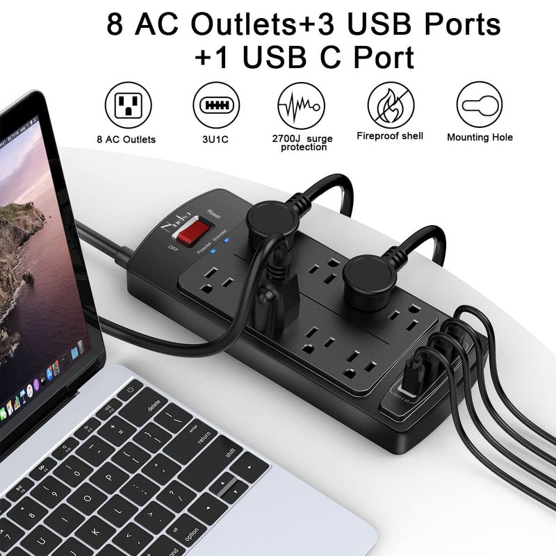 Nuetsa Surge Protector Power Strip - Nuetsa Flat Plug Extension Cord with 8 Outlets and 4 USB Ports, 6 Feet Power Cord (1625W/13A), 2700 Joules, ETL Listed, Black - Image 2