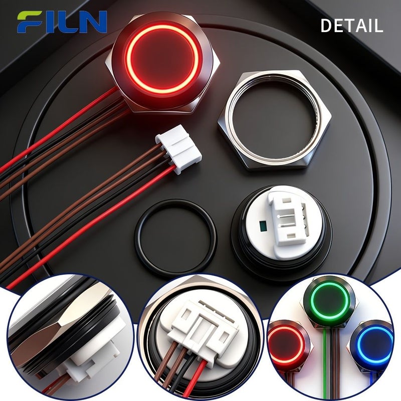 FILN قطعة 3 أزرار لمس معدنية 19 مم، غلاف أزرق وأسود، مفتاح لحظي SPST، 12V 24V، زر جرس باب مزود بلوحة توصيل الأسلاك، للتركيب على اللوحة. - Image 5