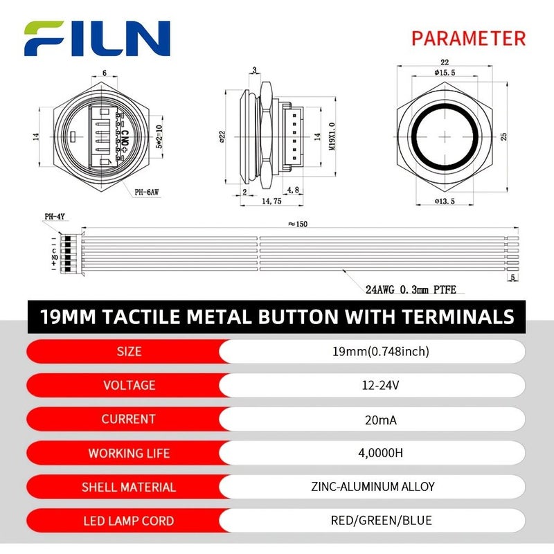 FILN قطعة 3 أزرار لمس معدنية 19 مم، غلاف أزرق وأسود، مفتاح لحظي SPST، 12V 24V، زر جرس باب مزود بلوحة توصيل الأسلاك، للتركيب على اللوحة. - Image 2