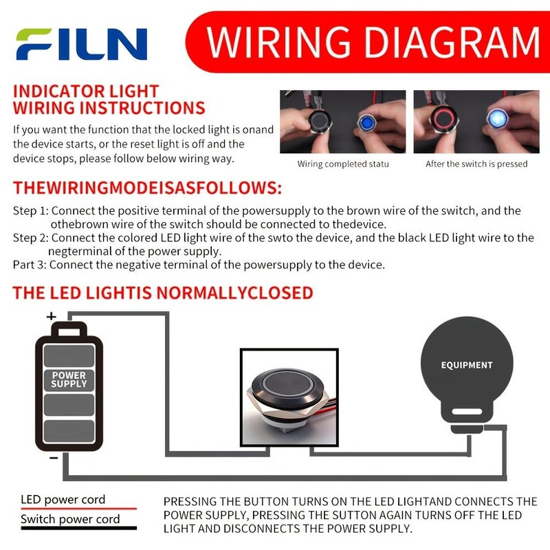 FILN قطعة 3 أزرار لمس معدنية 19 مم، غلاف أزرق وأسود، مفتاح لحظي SPST، 12V 24V، زر جرس باب مزود بلوحة توصيل الأسلاك، للتركيب على اللوحة. - Image 3