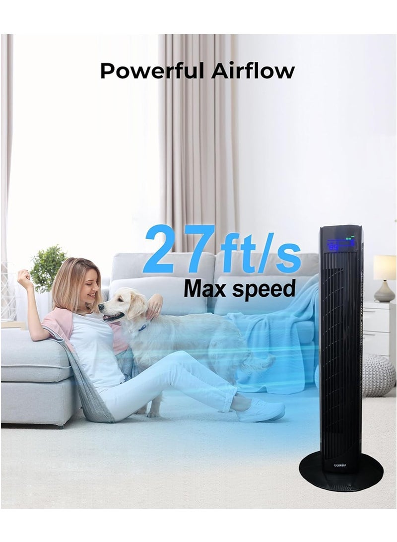 GGEROU 36 Inch Tower Fan with Remote Control, 90° Oscillation Bladeless Standing Fan, High-Speed Quiet Floor Fan, Pedestal Fans with 3 Speeds, 3 Modes, 12H Timer and Temperature LED Display (Black) - Image 2