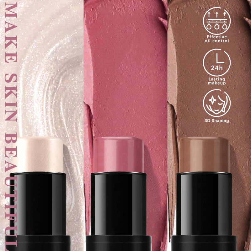NewBang 3 Pcs Cream Blush Contour Highlighter Stick for Cheeks Eyes Lips Lightweight Dewy Finish Blush Stick Waterproof Long Lasting Contour Stick Trio Wand Face Makeup Set for Girls and Women (2+5+6) - Image 4