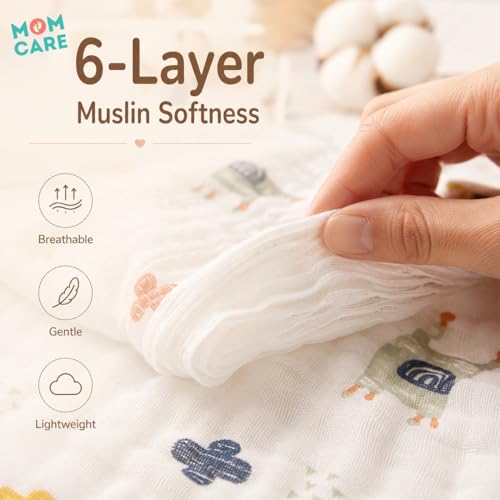 MOM CARE 6 Layer Muslin Hooded Baby Wrapper for Newborn Baby | Ultra Soft Cotton Baby Bath Towel Cum Receiving Blanket | Absorbent Hooded Baby Wrap for Infants | Pack of 1 - Image 2