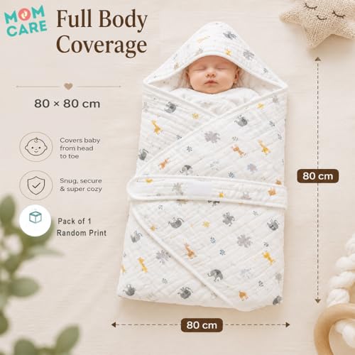 MOM CARE 6 Layer Muslin Hooded Baby Wrapper for Newborn Baby | Ultra Soft Cotton Baby Bath Towel Cum Receiving Blanket | Absorbent Hooded Baby Wrap for Infants | Pack of 1 - Image 3