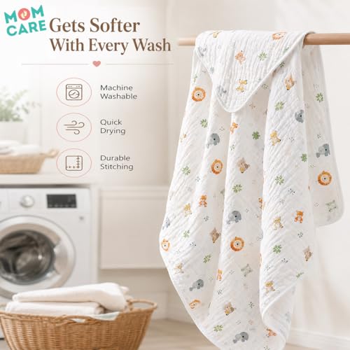 MOM CARE 6 Layer Muslin Hooded Baby Wrapper for Newborn Baby | Ultra Soft Cotton Baby Bath Towel Cum Receiving Blanket | Absorbent Hooded Baby Wrap for Infants | Pack of 1 - Image 4