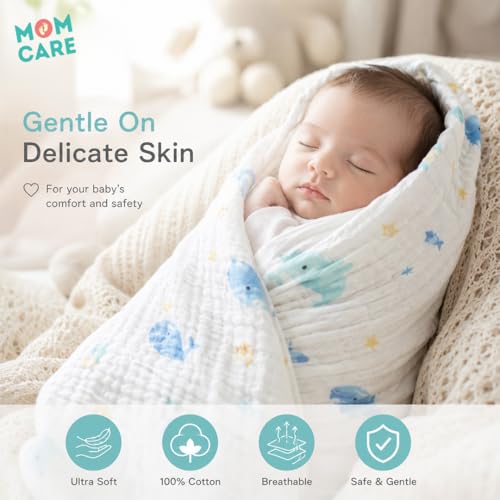 MOM CARE 6 Layer Muslin Hooded Baby Wrapper for Newborn Baby | Ultra Soft Cotton Baby Bath Towel Cum Receiving Blanket | Absorbent Hooded Baby Wrap for Infants | Pack of 1 - Image 5