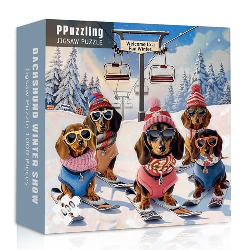 PPuzzling Funny Dachshund Skiing Dog Puzzles for Adults 1000 Pieces Cute Puppy Jigsaw Puzzle Wearing Hats and Sunglasses Snowy Mountain Chairlift Scene Challenging Holiday Animal Art Puzzle as Home Wall Decor - Image 5