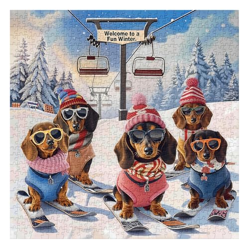 PPuzzling Funny Dachshund Skiing Dog Puzzles for Adults 1000 Pieces Cute Puppy Jigsaw Puzzle Wearing Hats and Sunglasses Snowy Mountain Chairlift Scene Challenging Holiday Animal Art Puzzle as Home Wall Decor - Image 1