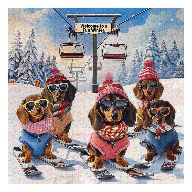 PPuzzling Funny Dachshund Skiing Dog Puzzles for Adults 1000 Pieces Cute Puppy Jigsaw Puzzle Wearing Hats and Sunglasses Snowy Mountain Chairlift Scene Challenging Holiday Animal Art Puzzle as Home Wall Decor - Image 3