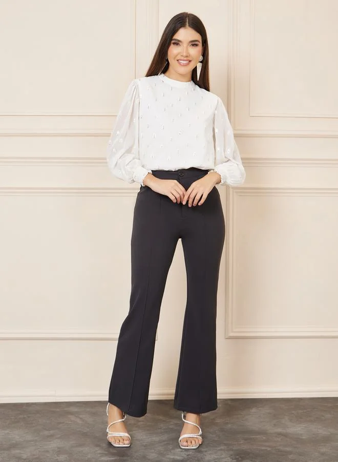 Styli Embroidered Sequin Detail High Neck Blouse