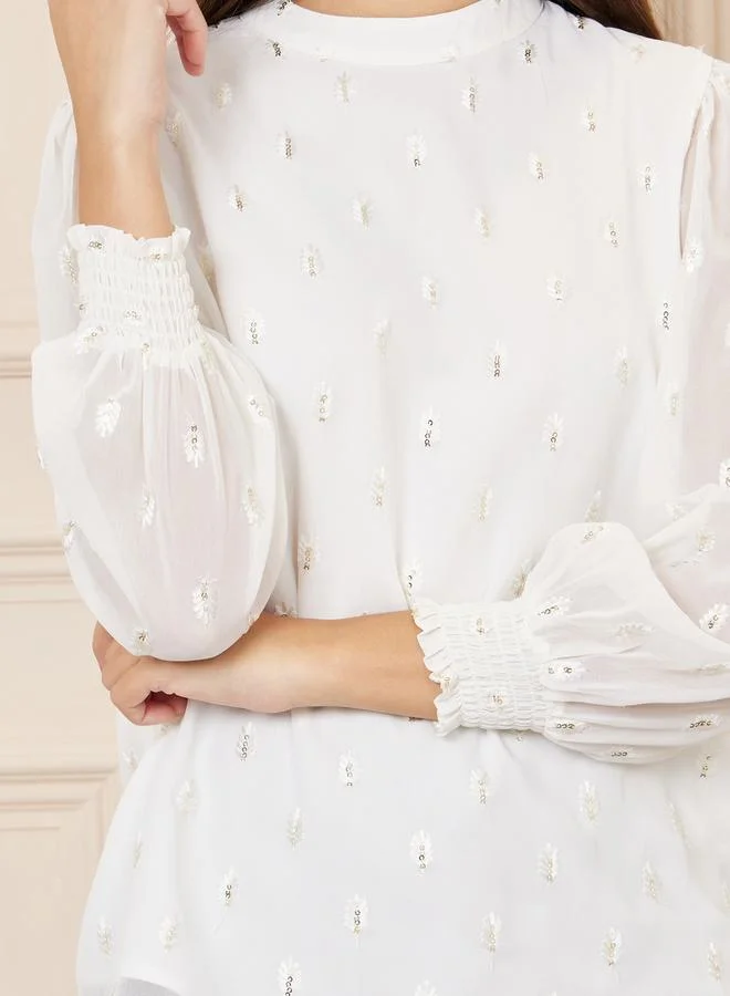 Styli Embroidered Sequin Detail High Neck Blouse