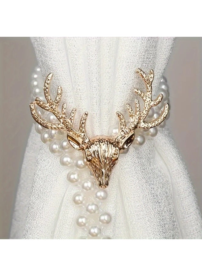 Goolsky [A Pair Luxurious Curtain Tiebacks] A Pair Of Golden Curtain Tiebacks Featuring Deer And Artificial Pearl Decorations, Luxurious And Adjustable, Used To Secure Curtains In Bedrooms, Living Rooms, And Home Decor. - Image 1