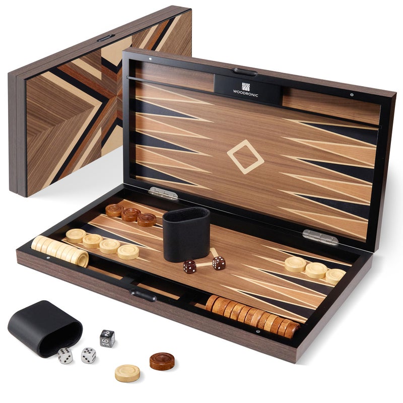 Woodronic Wood Backgammon Set for Adults 17 Inch Classic Board Game Case Premium Folding Backgammon Set with Oversize Wooden Playing Pieces Dices Portable Travel Backgammon Game Set for Adults - Image 3