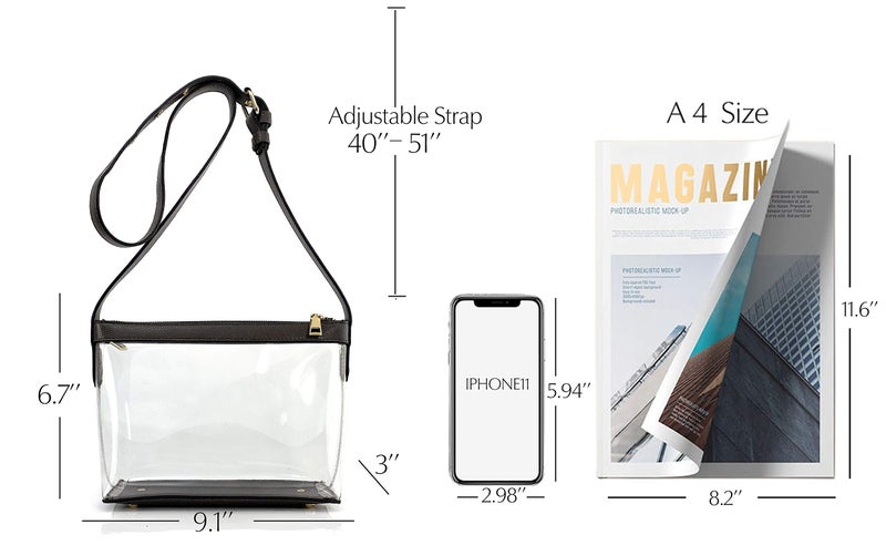 Hoxis Clear Zipper Cross Body Bag with Vegan Leather Trim (Black) Small - Image 3